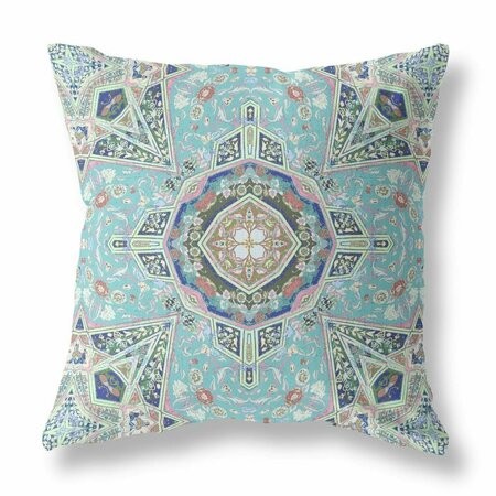 PALACEDESIGNS 18 in. Floral Geo Indoor Outdoor Zippered Throw Pillow Aqua & Brown PA3111295